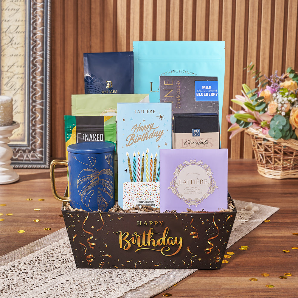 Deluxe Birthday Gourmet Gift Basket with Chocolates and Coffee – how the gift is presented
