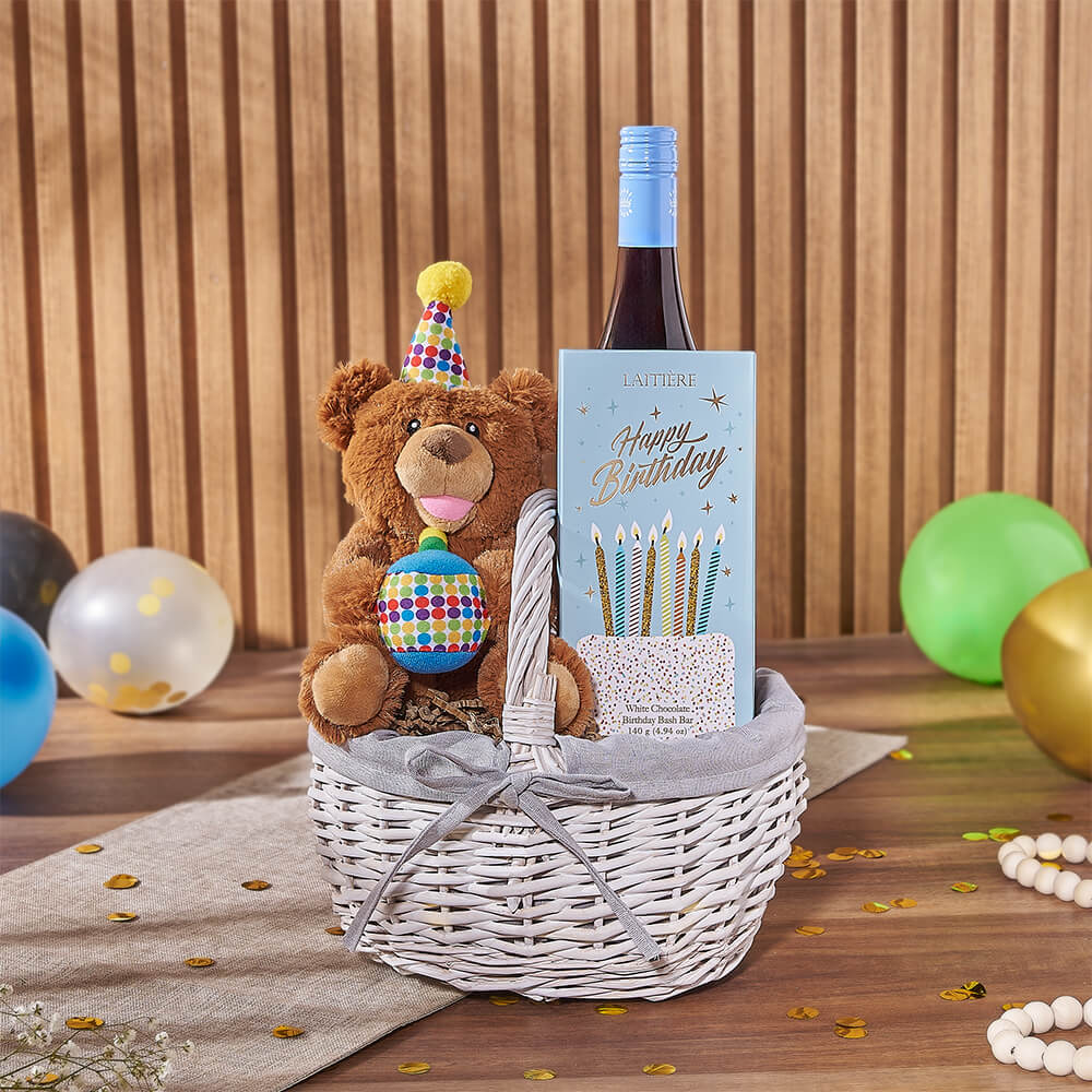 Birthday Wine &amp; Bear Gift Basket, wine gift, wine, birthday gift, birthday, chocolate gift, chocolate, New Hampshire Delivery