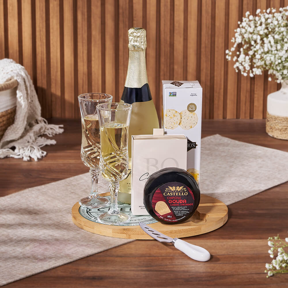 Bubble &amp; Cheese Please Champagne Gift Basket, sparkling wine gift, sparkling wine, cheese gift, cheese, champagne gift, champagne, New Hampshire delivery