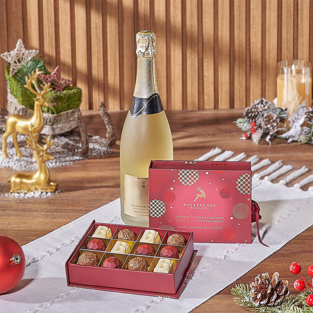 Bright and Festive Basket Gift with Sparkling Wine and Holiday Chocolates – how the gift is presented