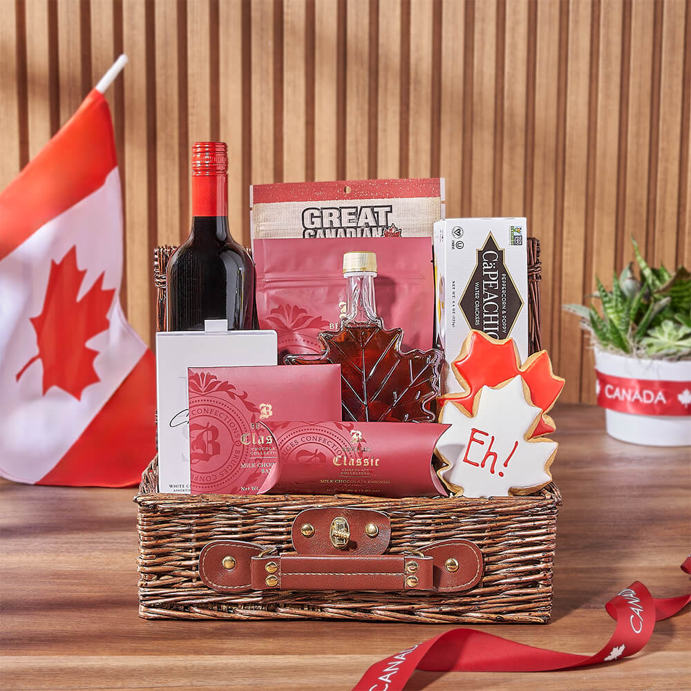 Small Wicker Picnic Basket Wine Gift Featuring Sweet Heat Jerky and Chocolate – how the gift is presented