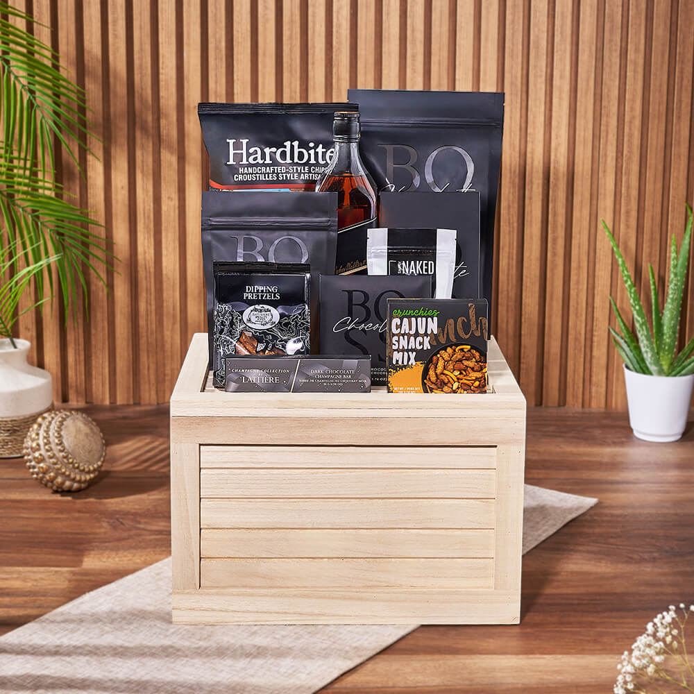 Carleton Liquor &amp; Snack Crate, liquor gift, liquor, snack gift, snack, chocolate gift, chocolate, New Hampshire delivery
