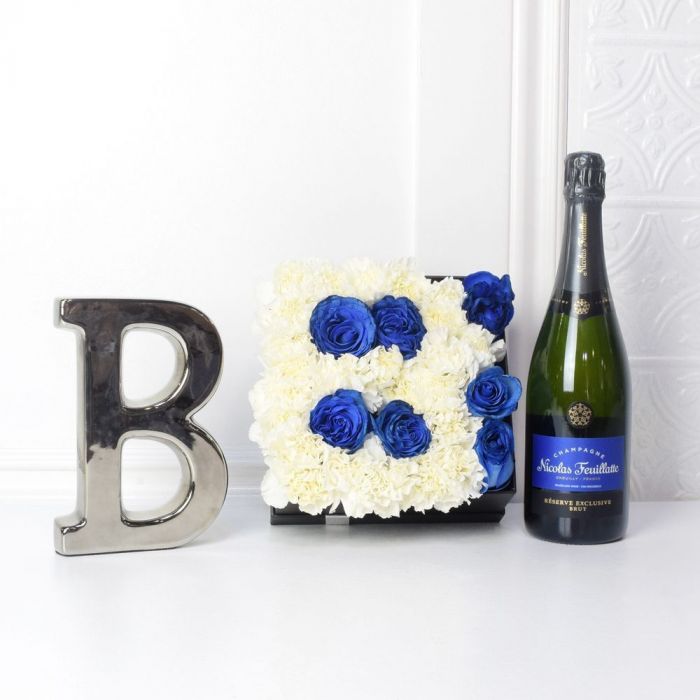 Celebrate Baby Boy Arrival with Blue Rose and Carnation Champagne Flower Box – how the gift is presented