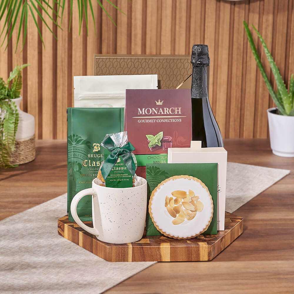 Champagne &amp; Coffee Snack Board, champagne gift, champagne, sparkling wine gift, sparkling wine, chocolate gift, chocolate, New Hampshire delivery