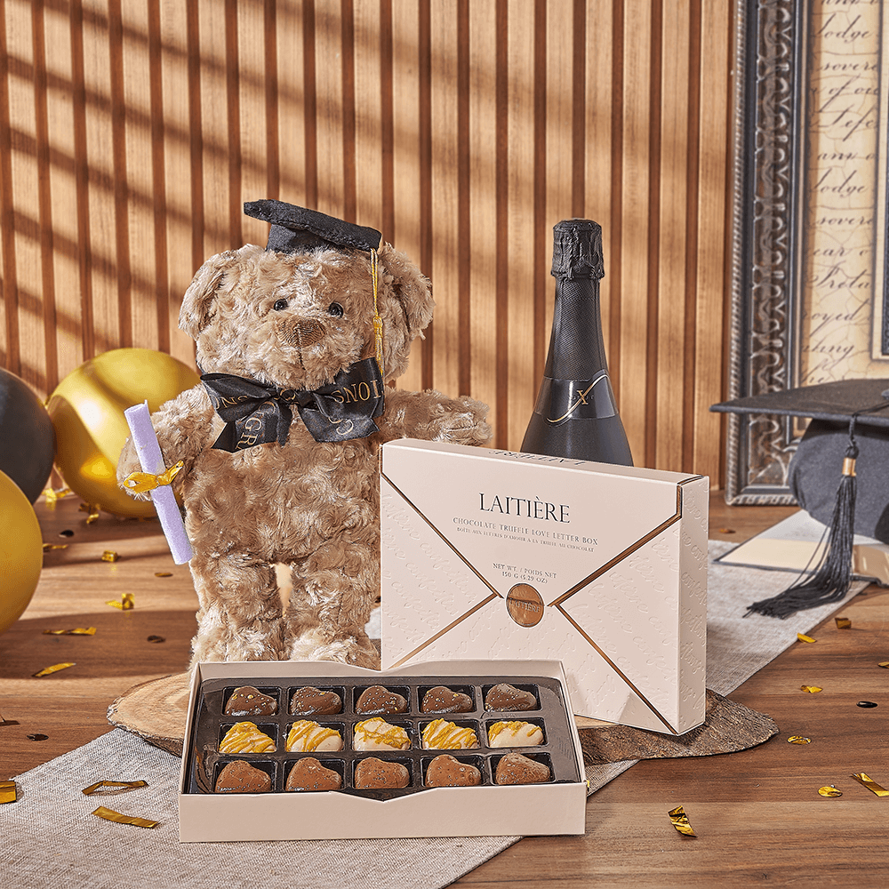 Champagne & Graduate Bear, champagne gift, champagne, sparkling wine gift, sparkling wine, graduation gift, graduation, chocolate gift, chocolate, New Hampshire delivery