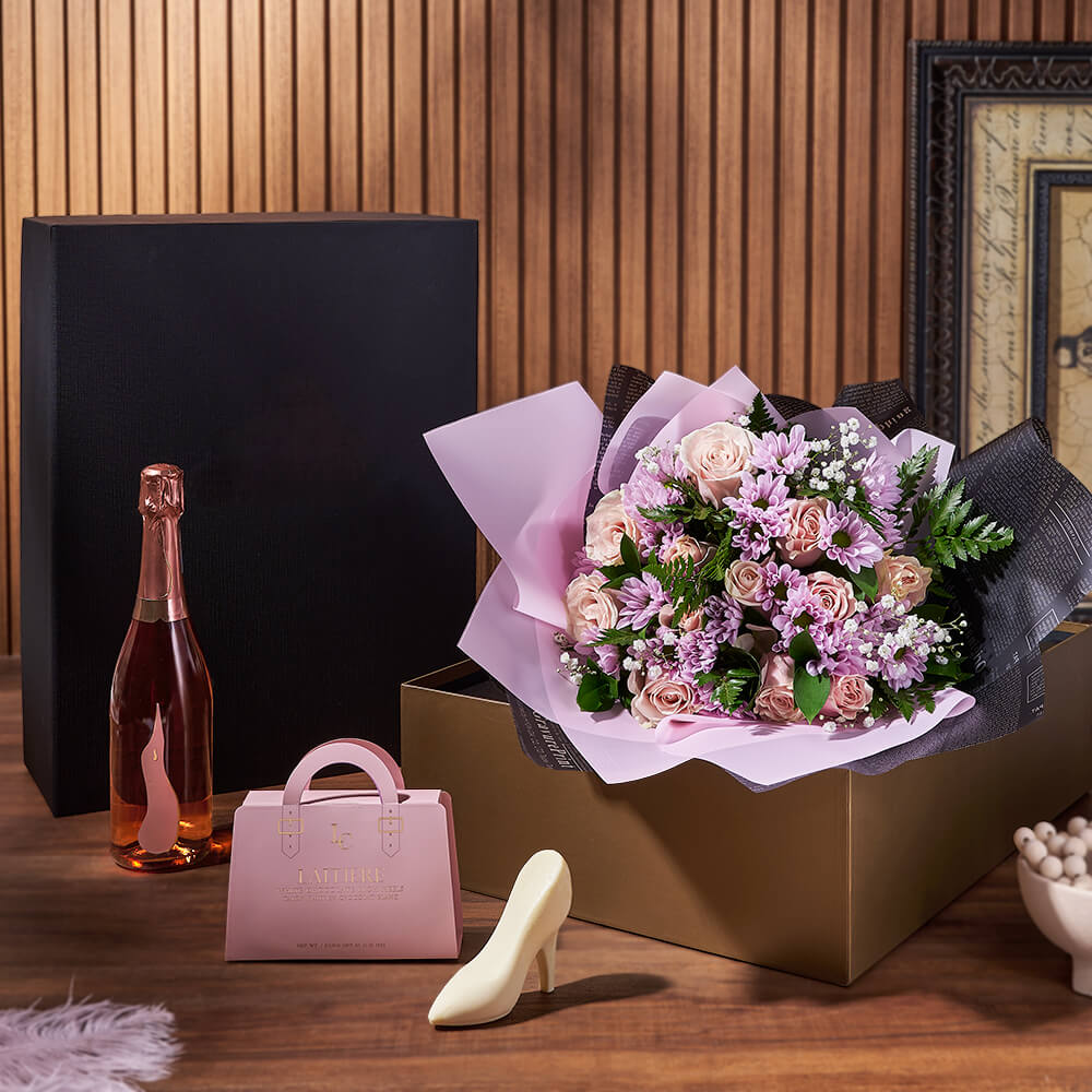 Champagne &amp; Mixed Rose Gift Set from New Hampshire Baskets - Champagne Gift Basket - New Hampshire Delivery