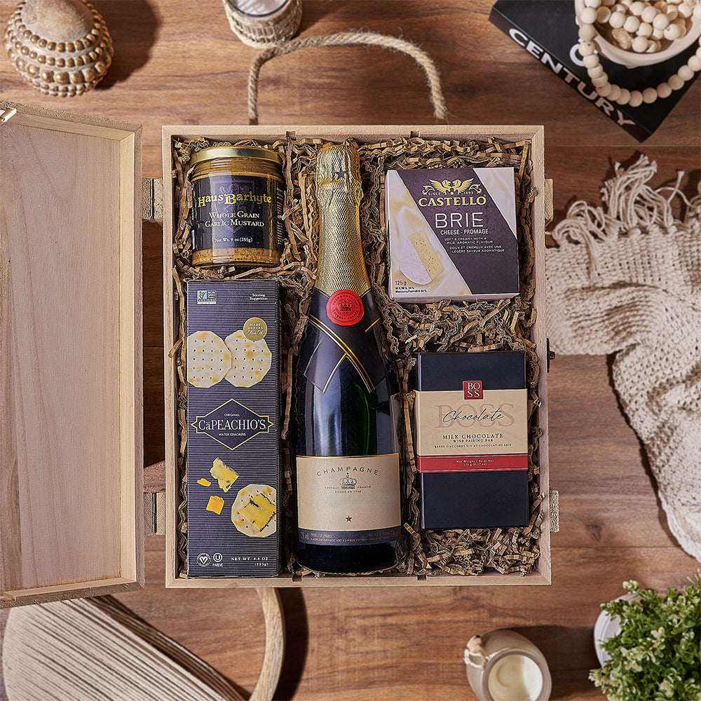 Champagne &amp; Treat Gift Box, champagne gift, champagne, cheese gift, cheese, chocolate gift, chocolate, New Hampshire delivery