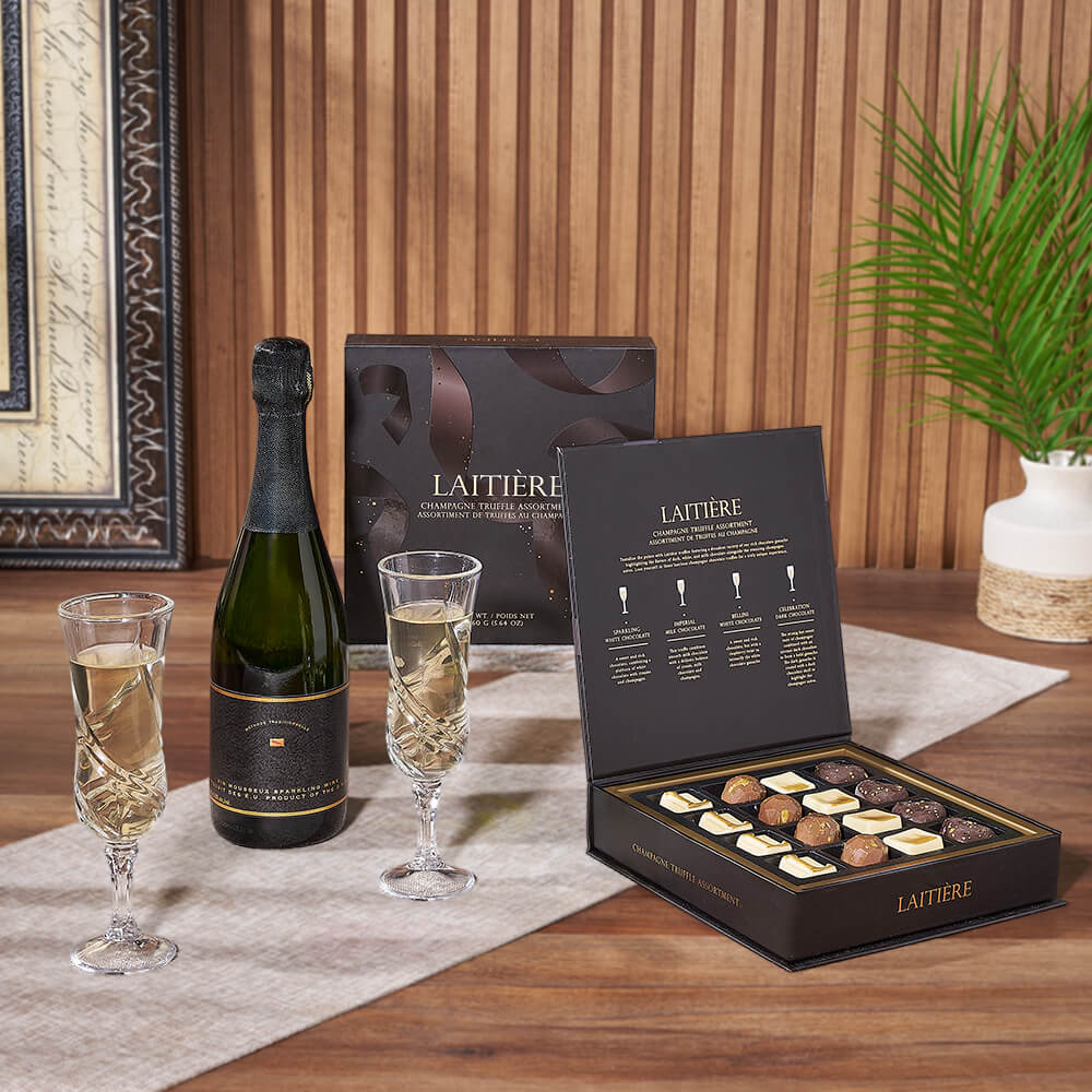 Premium Champagne Gift Basket Featuring Fine Cheeses and Chocolates – how the gift is presented