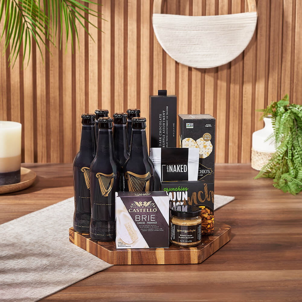 Craft Beer and Brie Cheese Gift Basket with Bamboo Cutting Board – how the gift is presented