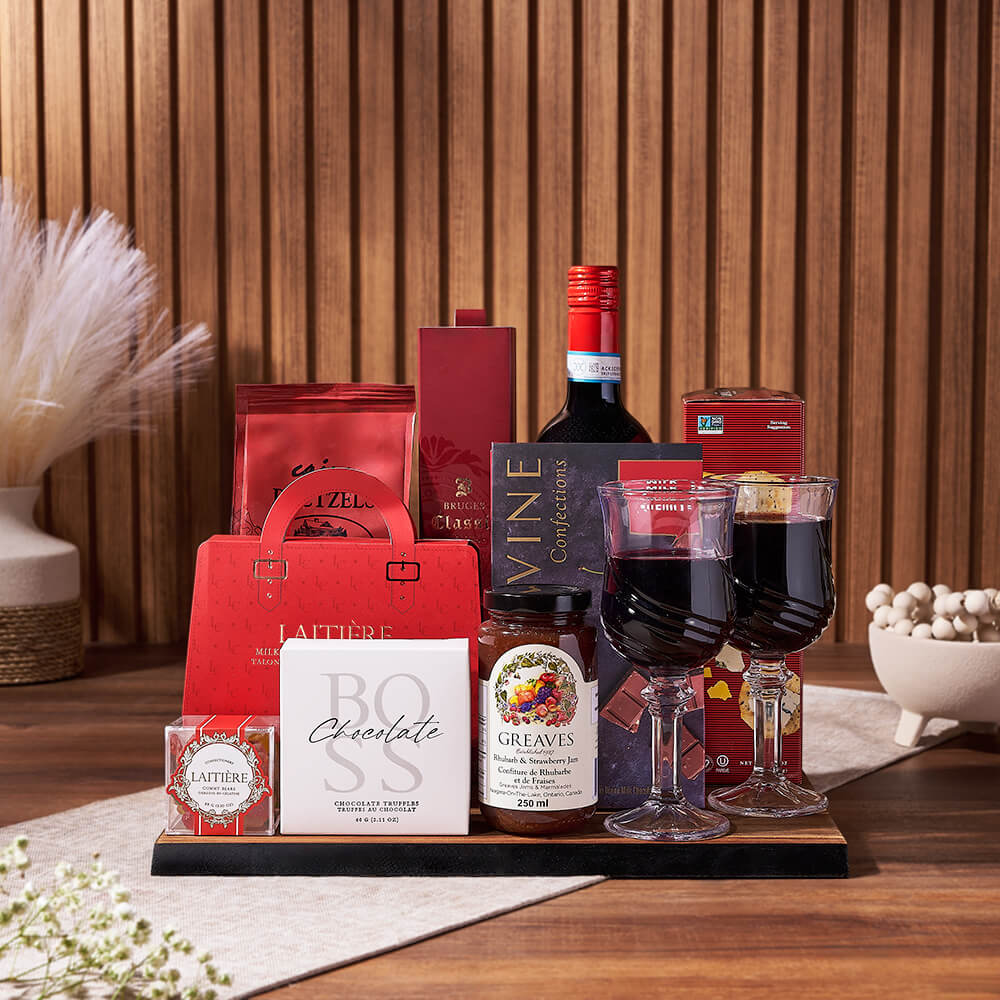 Sophisticated Wine Gift Basket with Chocolates and Acacia Wood Board – how the gift is presented