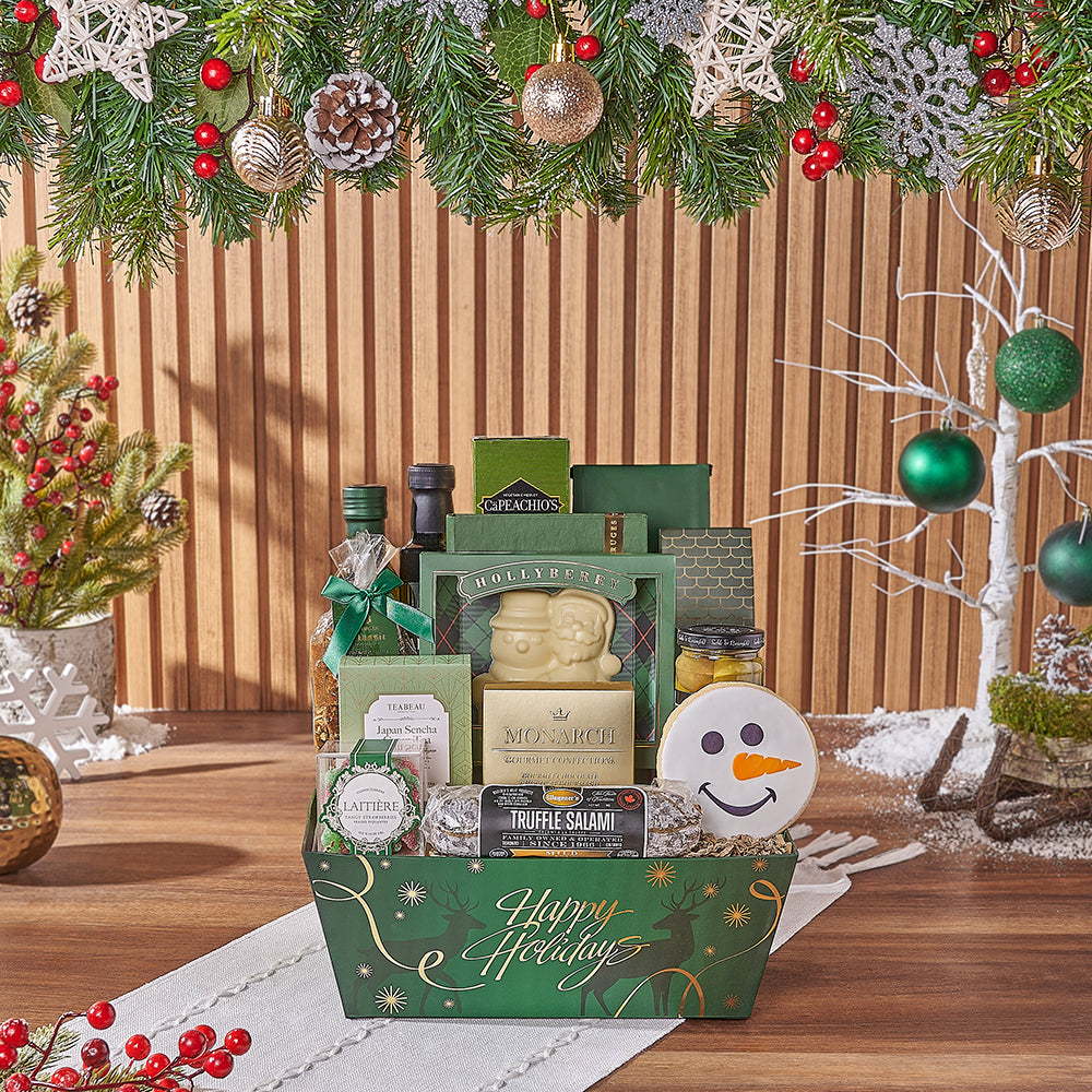 Festive Holiday Season Market Tray Gourmet Gift Basket – how the gift is presented