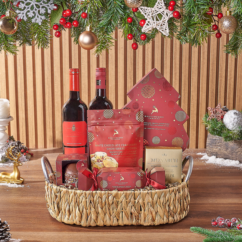 Holiday Season Two Bottle Wine and Gourmet Chocolate Gift Basket – how the gift is presented