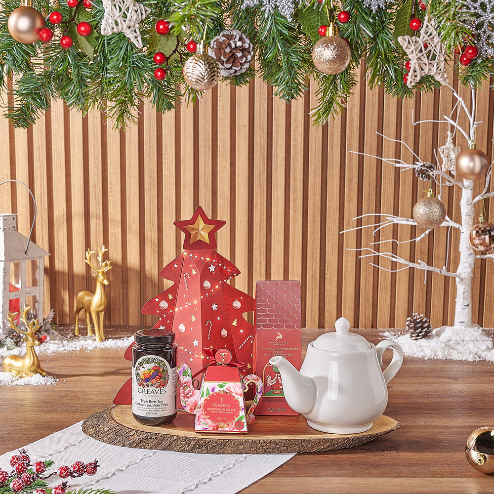Holiday Gift Basket Featuring Gingerbread Cookies and Ceramic Tea Pot – how the gift is presented