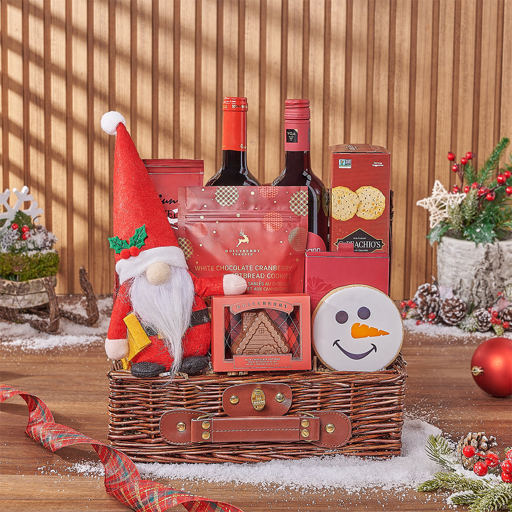 Premium Two-Bottle Wine Basket with Holiday Themed Cookies and Chocolates – how the gift is presented