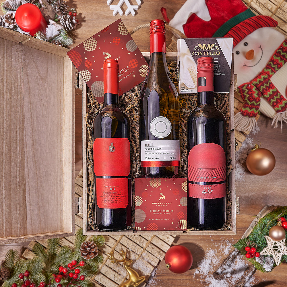 Festive Wooden Wine Box Set with Trio of Wines and Gourmet Treats – how the gift is presented