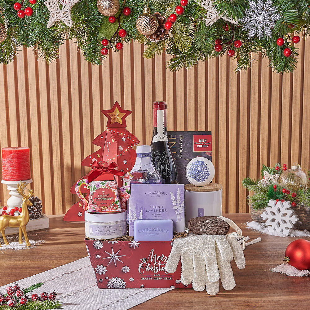 Christmas Wine & Spa Gift Set, wine gift, wine, spa gift, spa, chocolate gift, chocolate, tea gift, tea, New Hampshire delivery