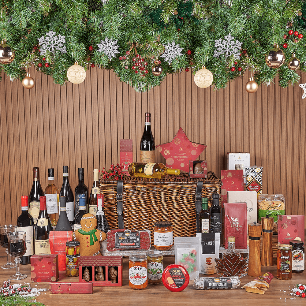 Wicker Picnic Basket with Wine and Gourmet Food Holiday Gift – how the gift is presented