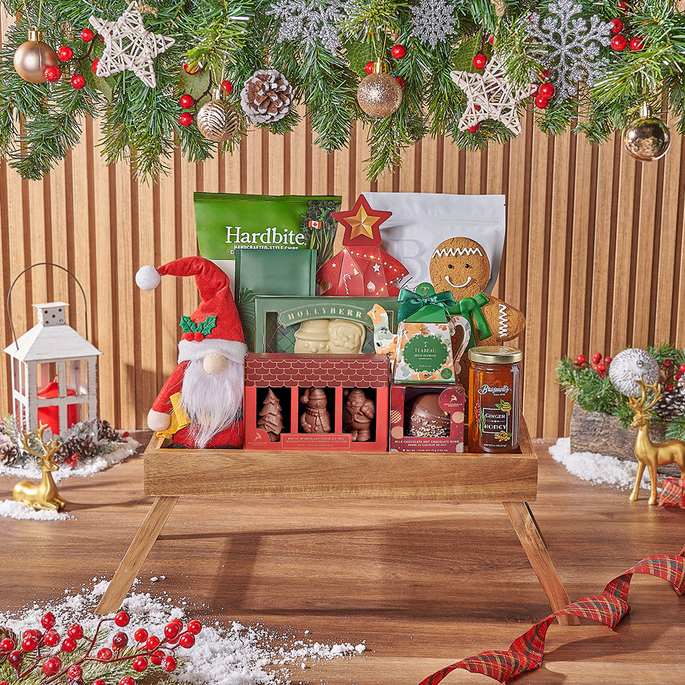 Festive Wooden Tray Gift Basket with Gourmet Snacks and Hot Chocolate – how the gift is presented