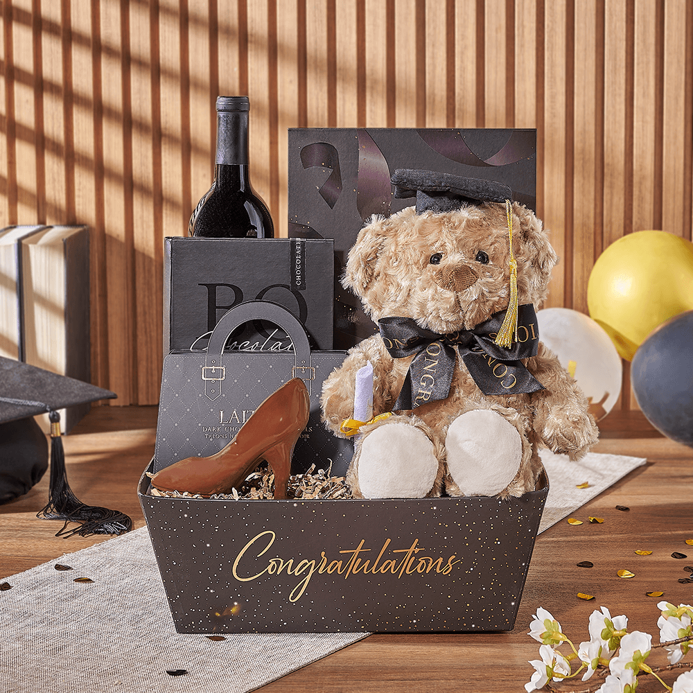 Graduation Wine Gift Tray Featuring Laitière Truffles & Dark Chocolate – how the gift is presented