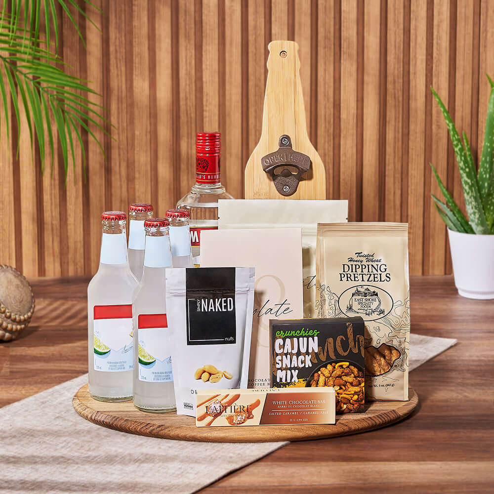 Coolers &amp; Crunch Liquor Basket, liquor gift, liquor, chocolate gift, chocolate, New Hampshire delivery