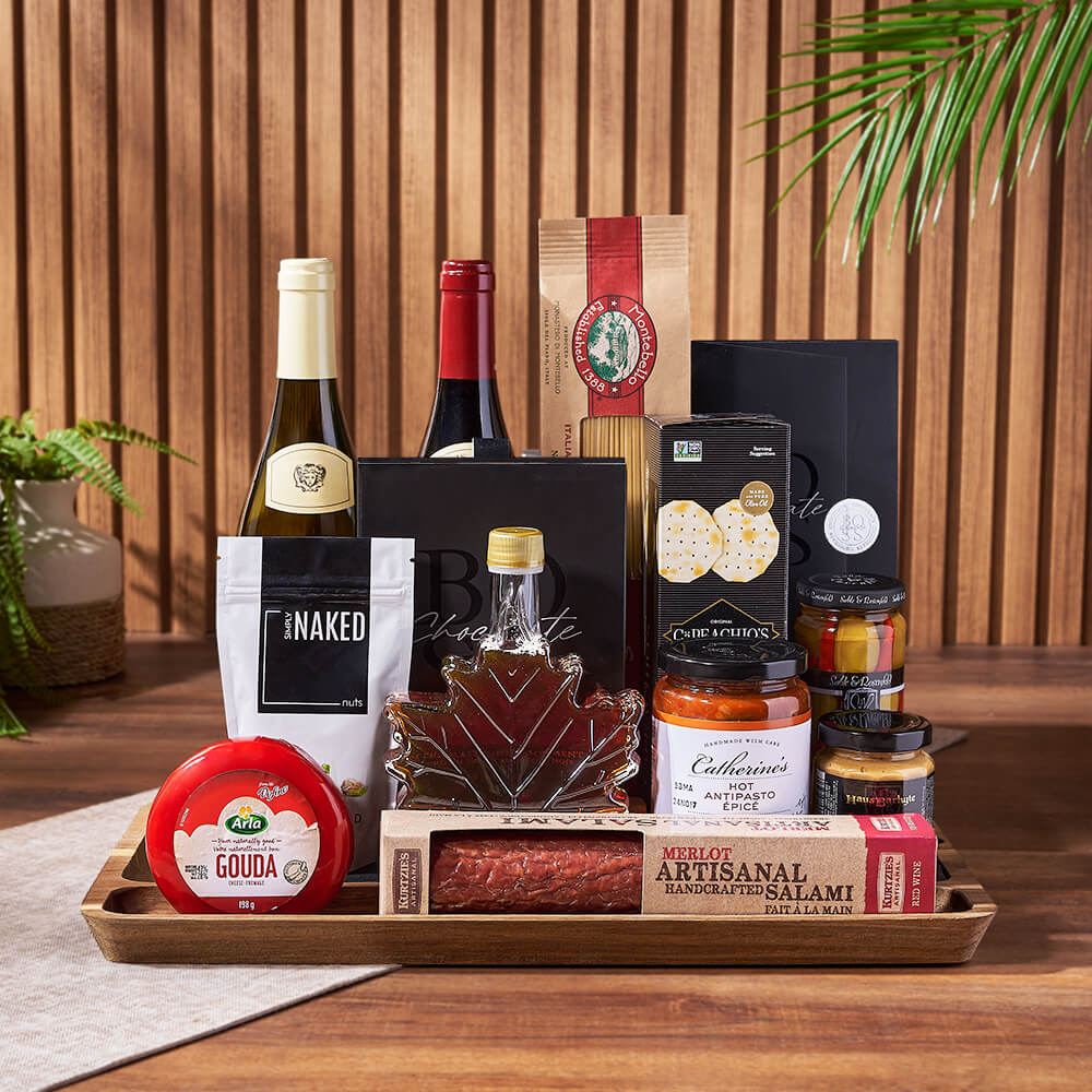 Two-Bottle Wine Gift Basket Featuring Artisanal Salami and Maple Syrup – how the gift is presented