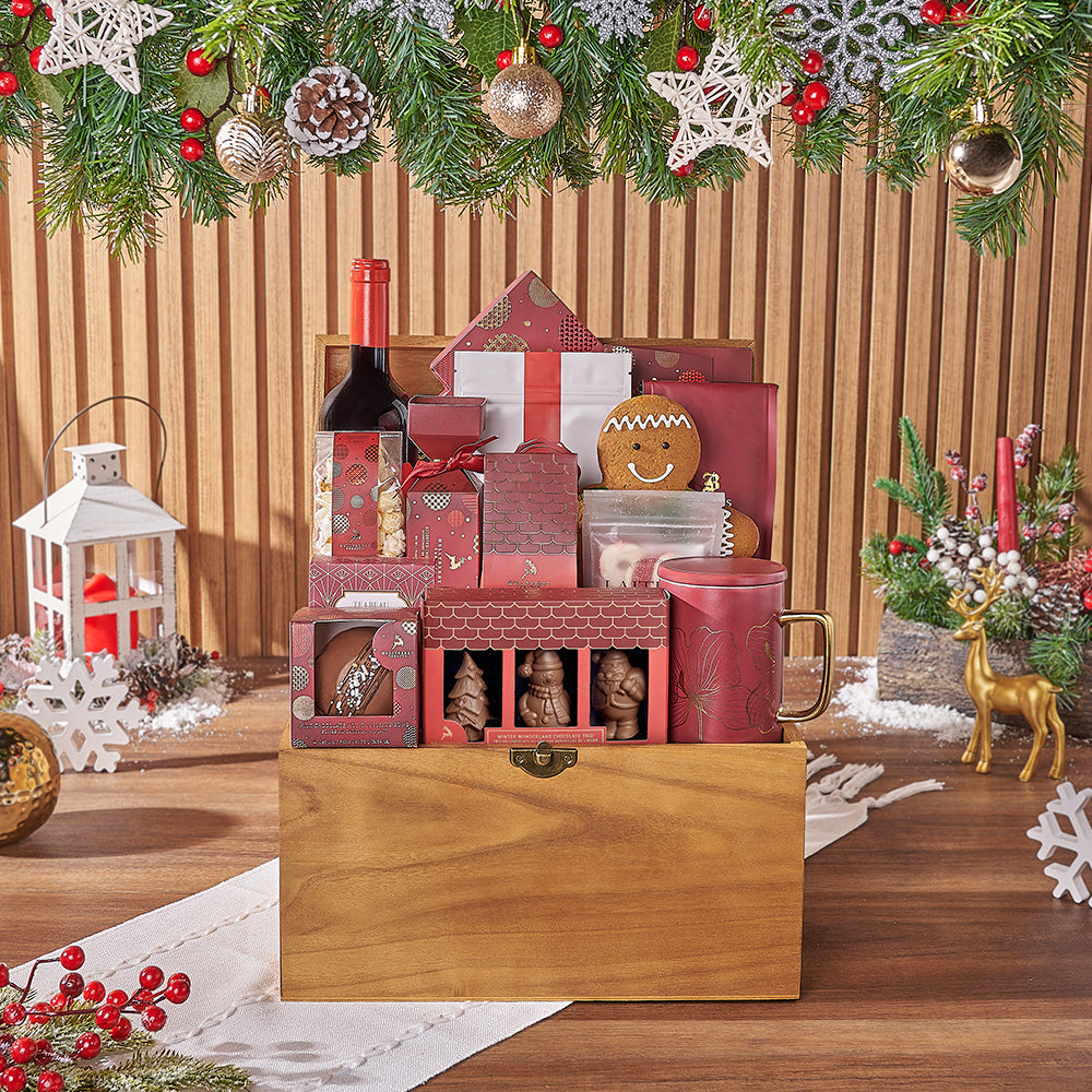 Wooden Chest Holiday Wine Basket with Delectable Gourmet Treats – how the gift is presented
