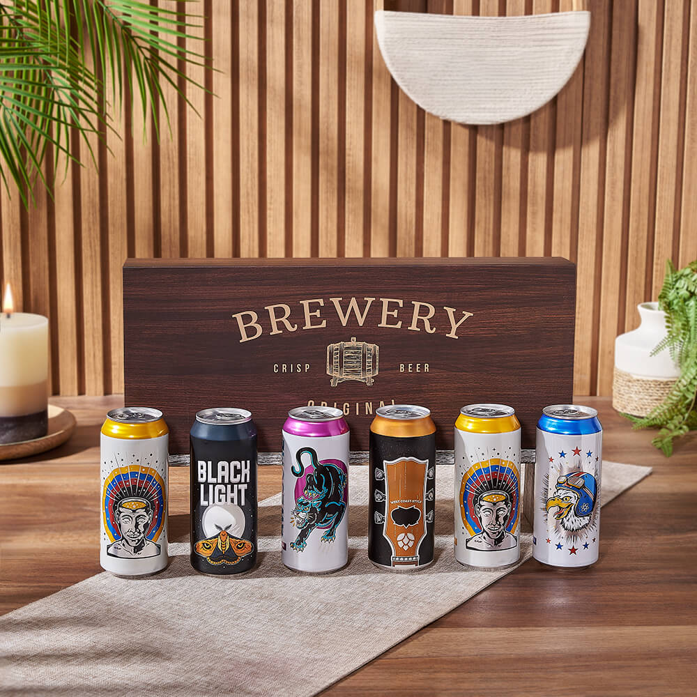 Craft Beer Collection in Wooden Brewery Can Box Gift Basket – how the gift is presented