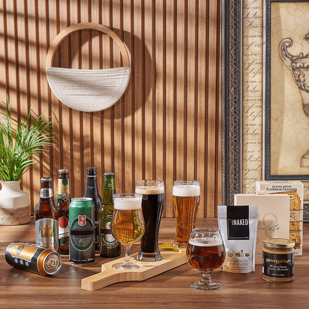 Special Occasion Beer Flight Board Gift Basket with Pistachios and Mustard – how the gift is presented