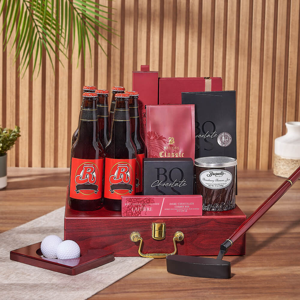 Exclusive Beer and Gourmet Chocolate Gift Basket with Golf Practice Set – how the gift is presented
