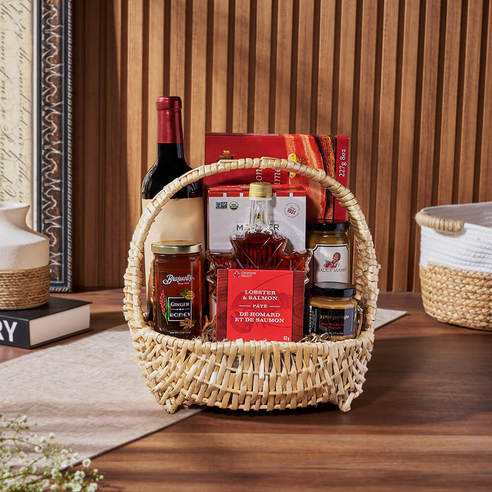 Small Wide Boat Wine Basket Featuring Pacific Salmon and Gourmet Treats – how the gift is presented