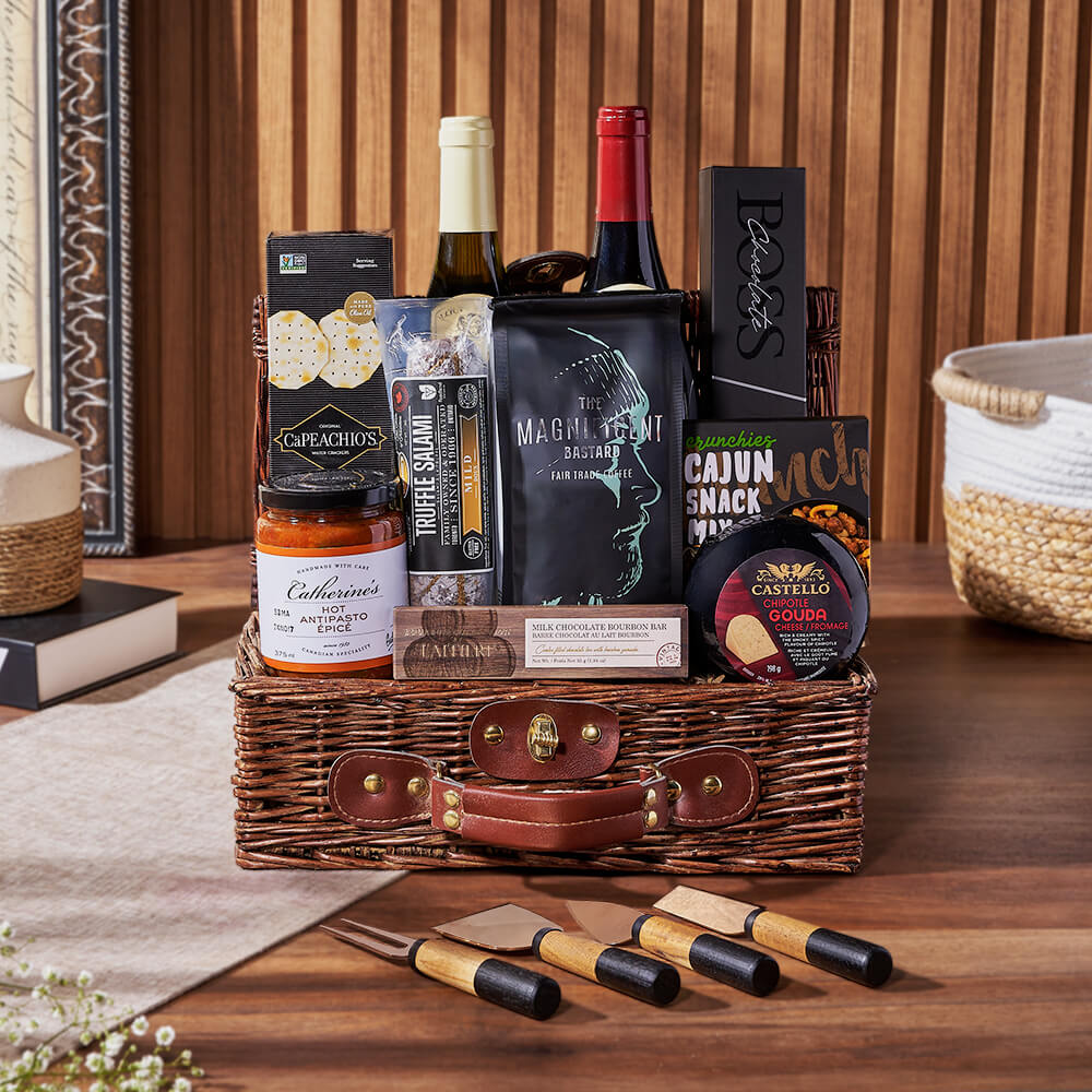 Two-Bottle Wine Gift Basket with Truffle Salami, Cheese, and Chocolate – how the gift is presented