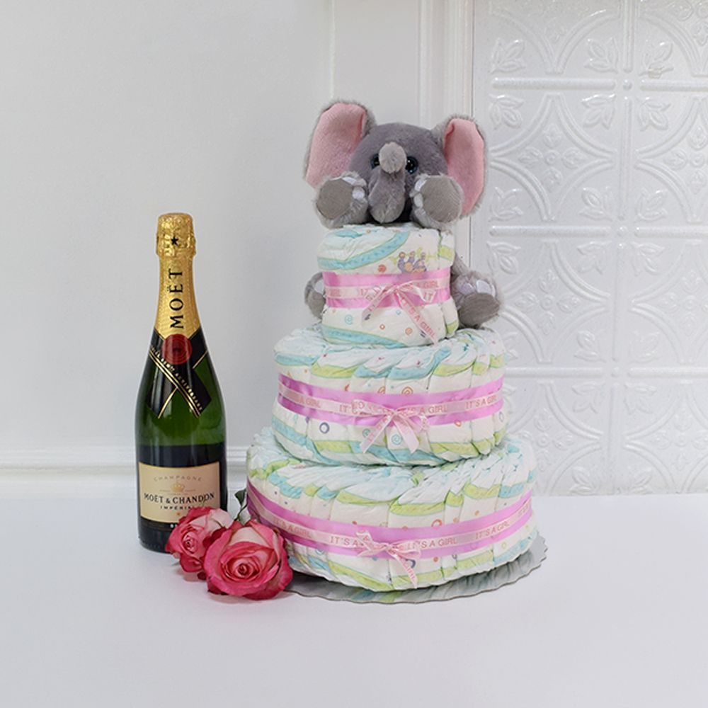 Premium Champagne Gift Basket with Three-Tiered Diaper Cake – how the gift is presented