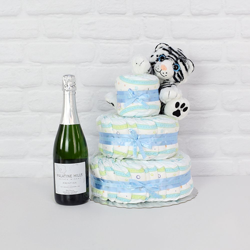 Diapers &amp; Plush Tiger Champagne Gift Set from New Hampshire Baskets - Champagne Gift Basket - New Hampshire Delivery