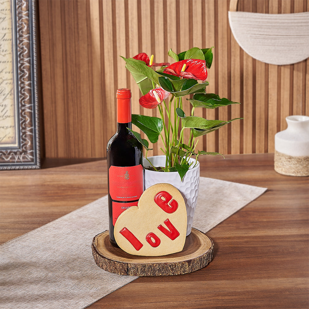 Red Wine with Anthurium Plant and Love Cookie Gift Basket – how the gift is presented