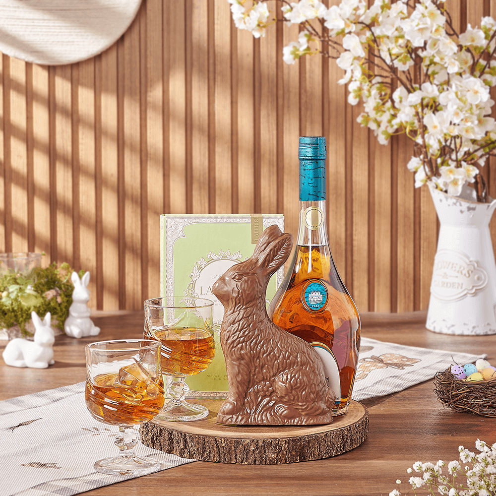 Easter Gift Basket with Vodka, Laitière Chocolates, and Serving Board – how the gift is presented