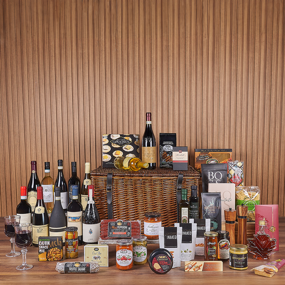 Vintage Wine and Artisan Foods Gift Basket with Fontana Glasses – how the gift is presented