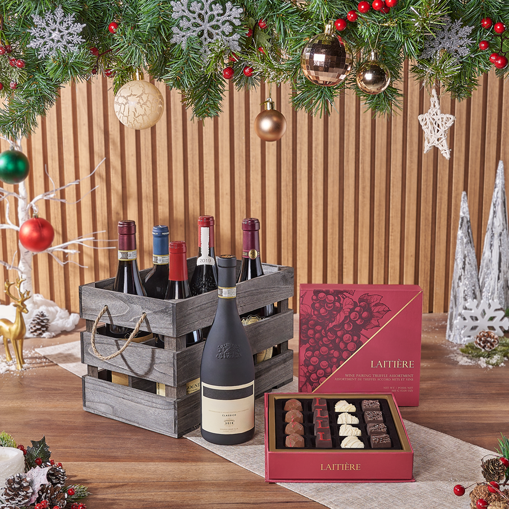 Holiday Wine Gift Basket with Six 750ml Bottles and Gourmet Chocolate Truffles – how the gift is presented