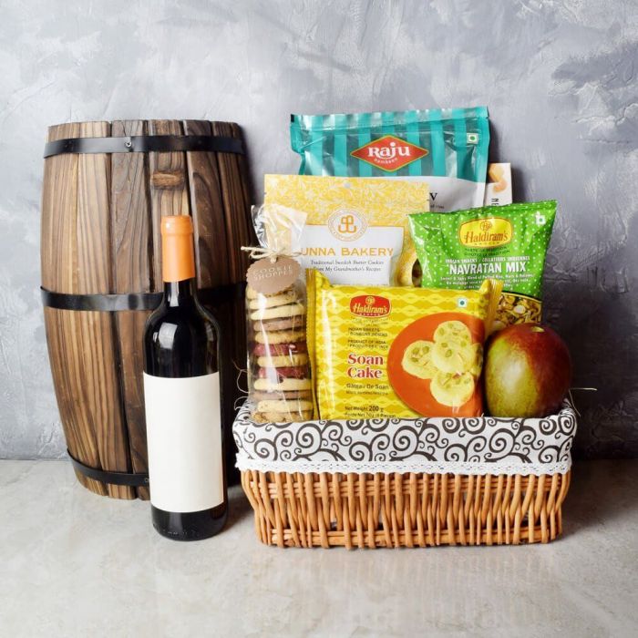 Sweet Treats and Wine Diwali Basket – how the gift is presented