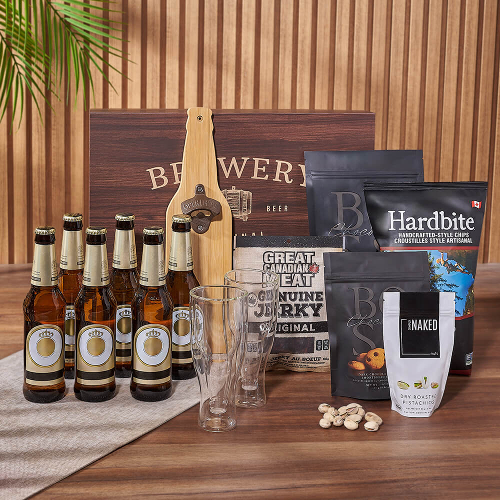 Classic Beer Gift Basket with Gourmet Beef Jerky Assortment – how the gift is presented