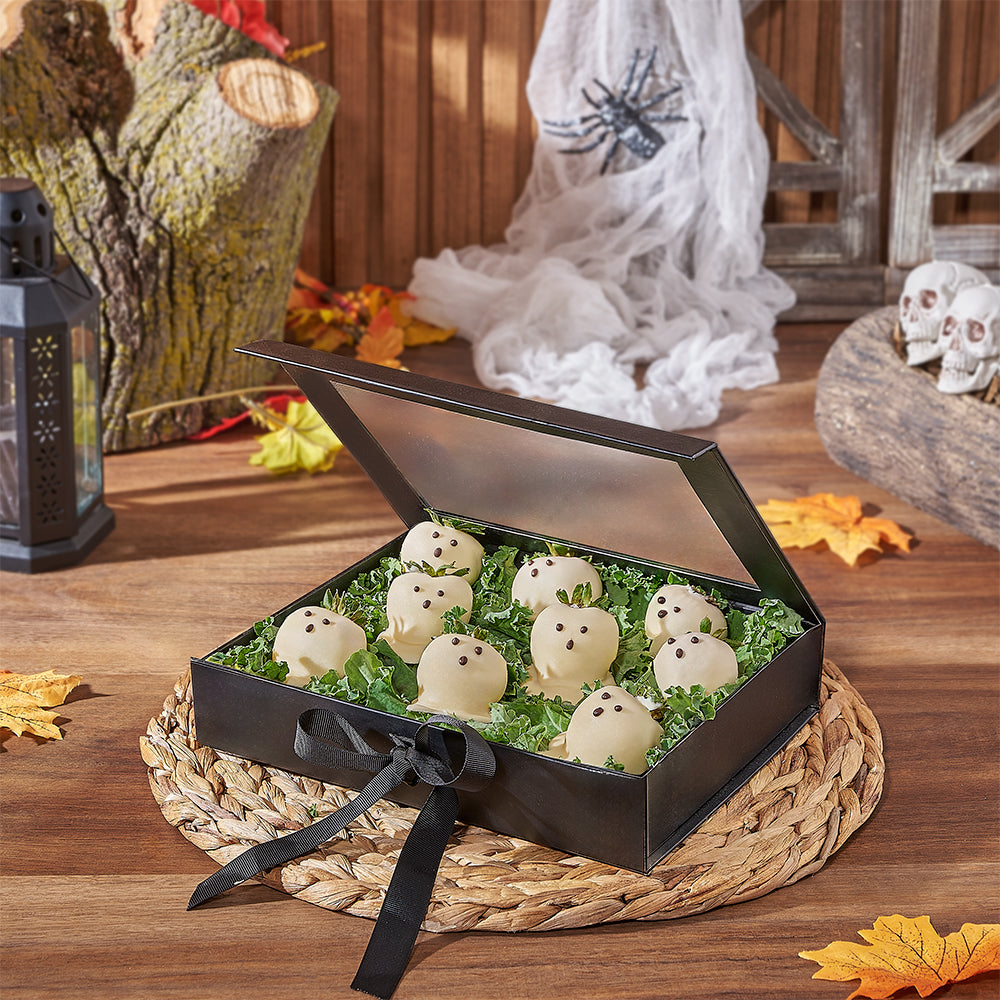 Ghostly Chocolate Dipped Strawberries, chocolate dipped strawberry gift, chocolate dipped strawberry, halloween gift, halloween, New Hampshire delivery