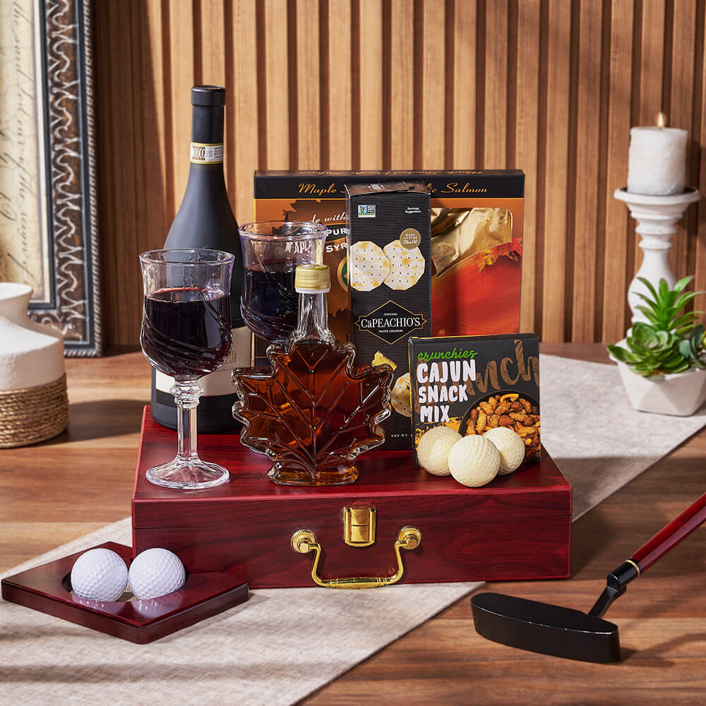Wine Gift Basket with Maple Smoked Salmon and Golf Putting Practice – how the gift is presented