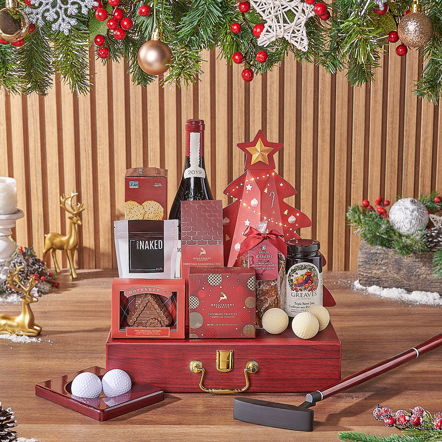 Golfer's Holiday Wine Gift Basket, wine gift, wine, chocolate gift, chocolate, christmas gift, christmas, golf gift, golf, New Hampshire delivery