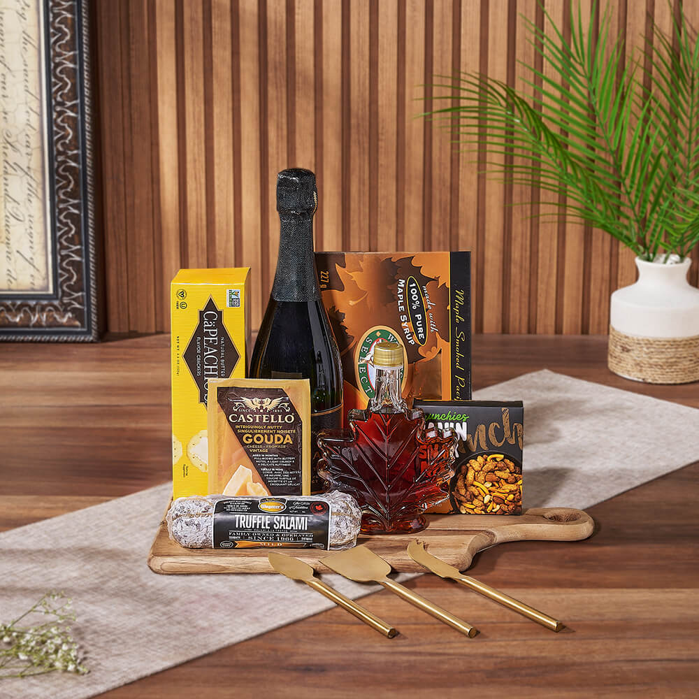 Gouda Cheese and Crackers with Sparkling Wine Gift Basket – how the gift is presented