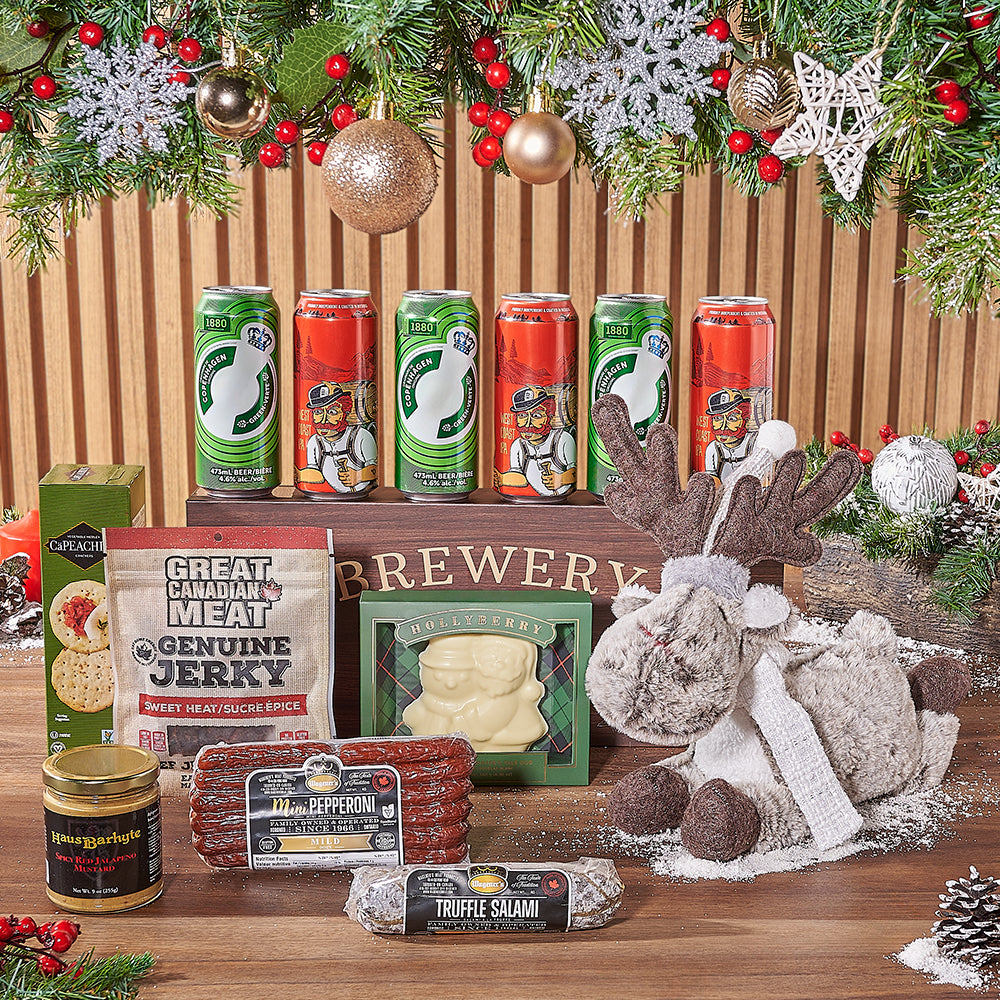 Christmas Brewery Wooden Box with 6 Craft Beers and Gourmet Treats – how the gift is presented