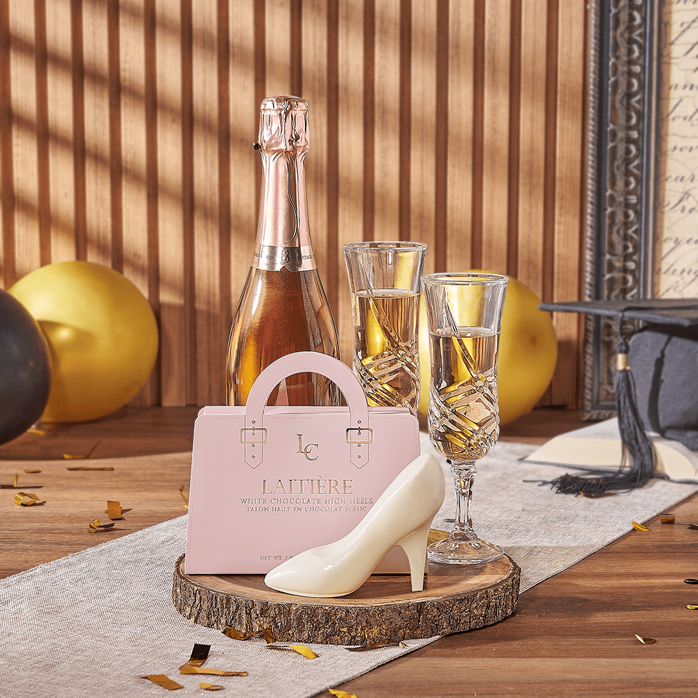 Graduation Sparkling Wine Basket Featuring White Chocolate High Heels and Flutes – how the gift is presented