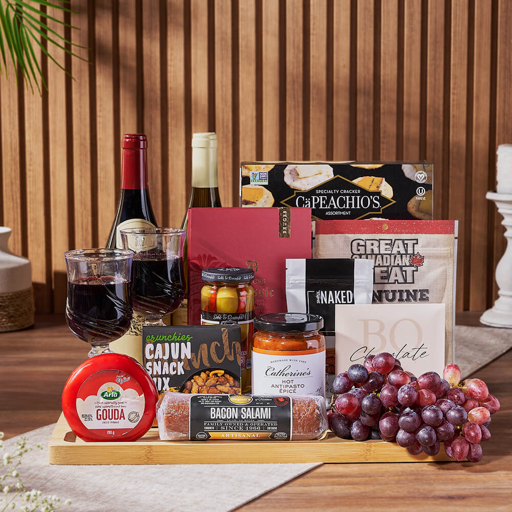 Grand Cheese &amp; Wine Gift Basket, wine gift, wine, charcuterie gift, charcuterie, cheese gift, cheese, fruit gift, fruit, New Hampshire delivery