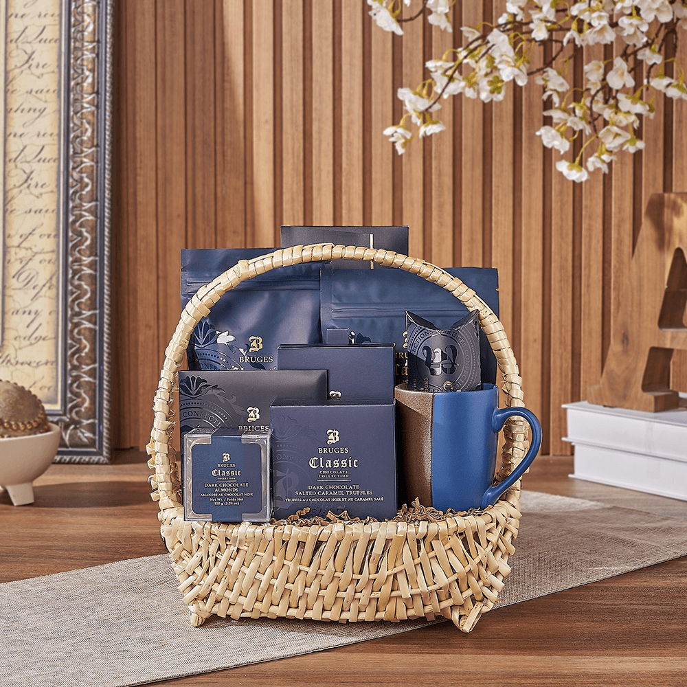 Halal Two-Tone Mug Gift Basket with Assorted Dark Chocolates – how the gift is presented