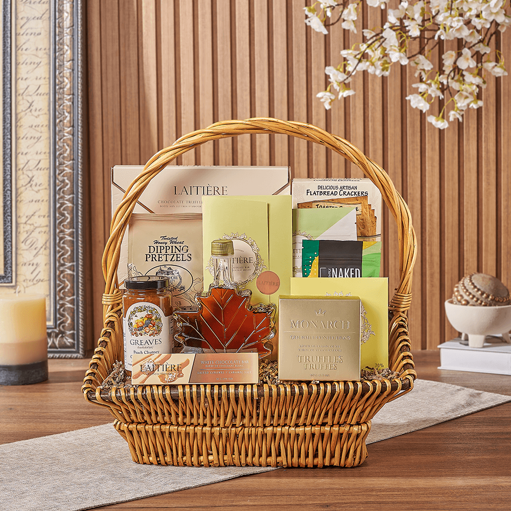 Halal British Style Medium Wicker Basket with Gourmet Assortment – how the gift is presented
