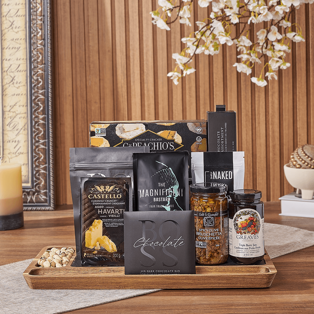 Halal Artisan Gourmet Snack Board with Acacia and Slate Platter – how the gift is presented