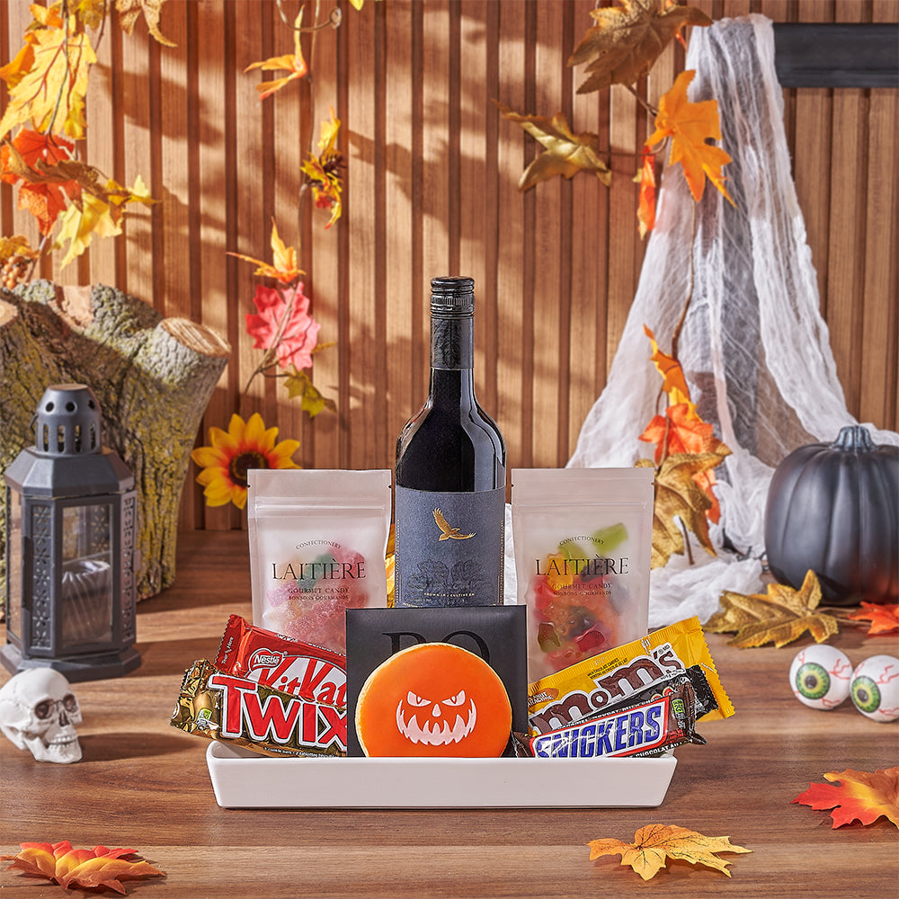 Halloween Wine &amp; Treat Platter, wine gift, wine, chocolate gift, chocolate, halloween gift, halloween, New Hampshire delivery